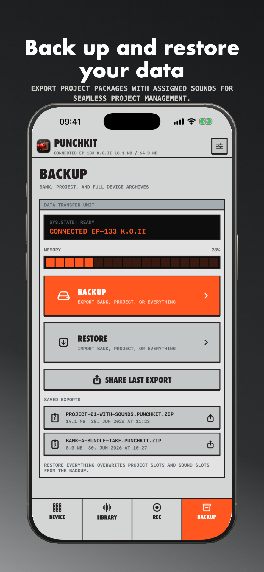 DigiMan BACKUP screen — Back up and restore projects