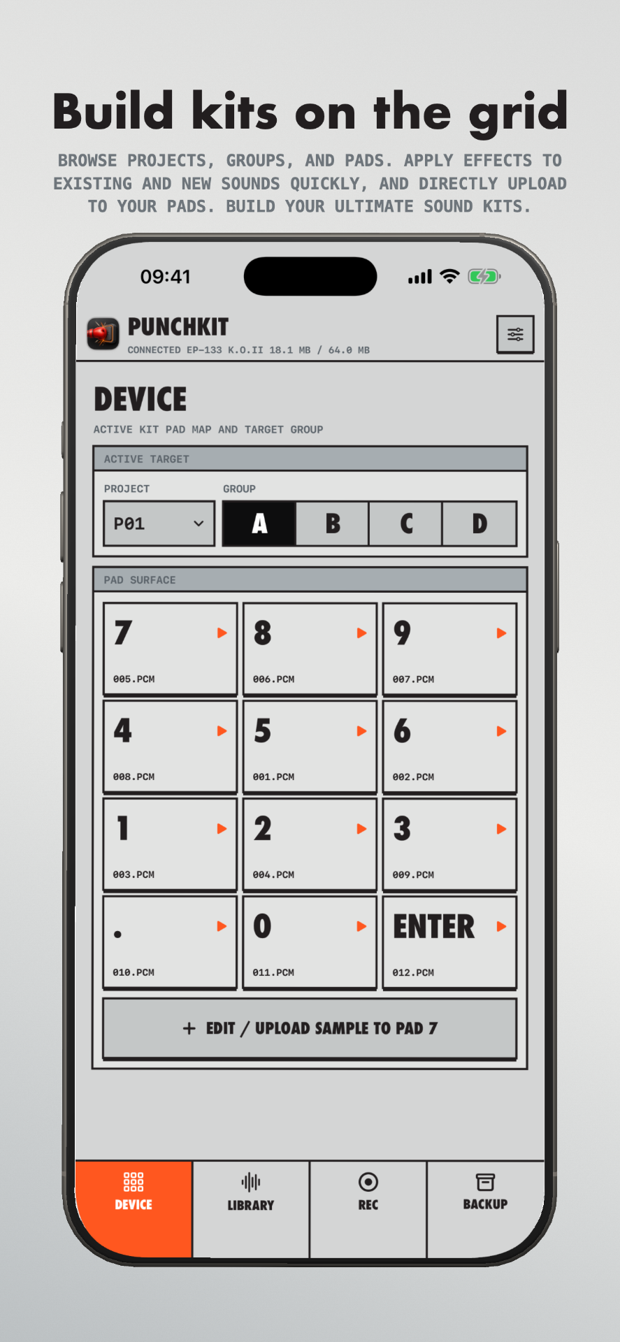 DigiMan DEVICE screen — Edit patterns on the grid