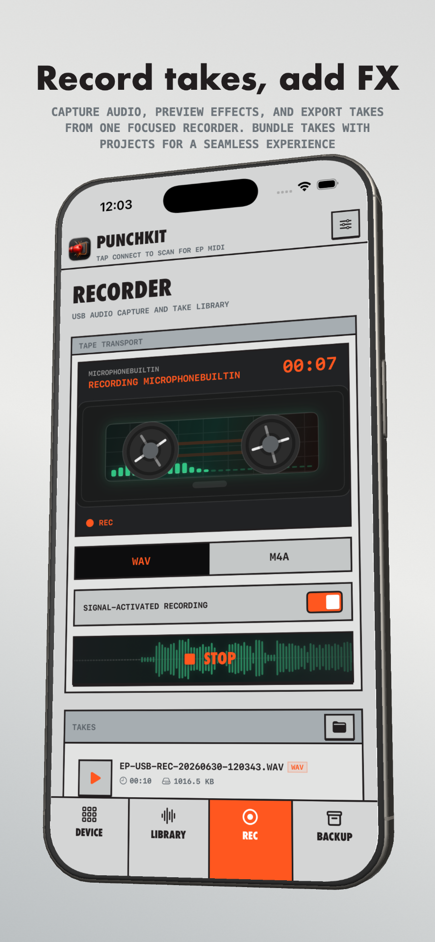 DigiMan REC screen — Record takes, add FX